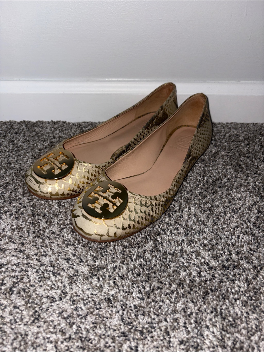Tory Burch Metallic Gold Python Print Leather Ballet Flats